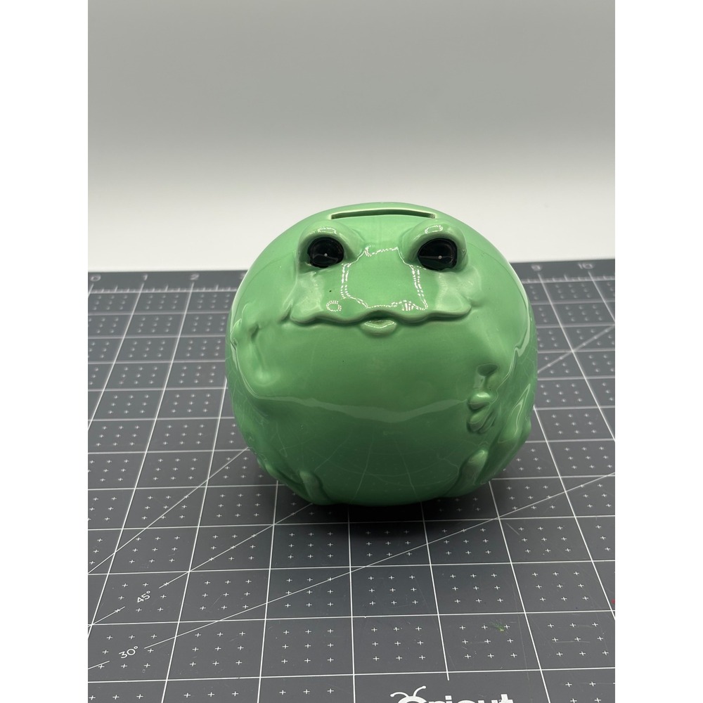Green Ceramic Frog Coin Bank Round Glossy Pottery Piggy Bank Decorative Accent